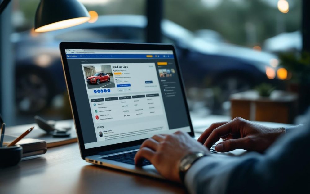 Un homme consulte une annonce de voiture sur un ordinateur portable, avec une voiture d’occasion floue en arrière-plan et une ambiance sérieuse de vérification.