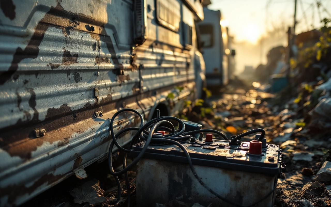 Camping-car garé près d’un atelier de recyclage, avec une batterie usagée au premier plan, ambiance de départ en voyage.