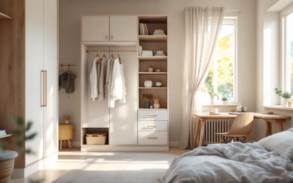 Chambre d’enfant lumineuse et moderne, avec lit, bureau, armoire ouverte et rangements, ambiance douce et éclairage naturel.