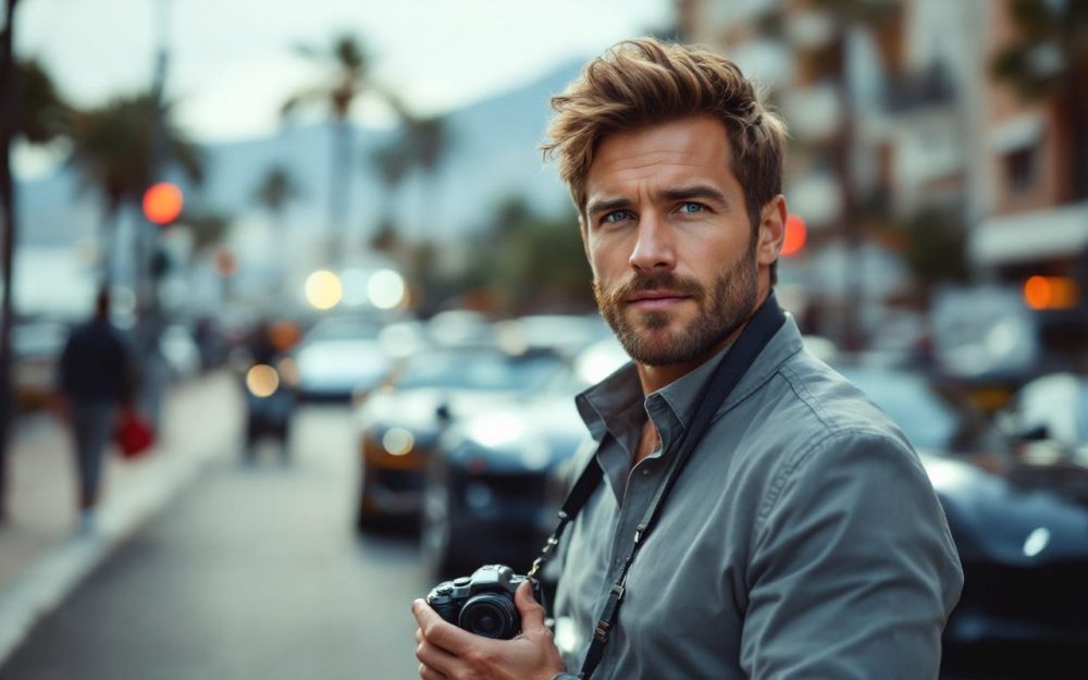 Portrait éditorial d’un homme influenceur automobile à Monaco, tenant la sangle de son appareil photo, avec des voitures de luxe en arrière-plan et une ambiance journalistique sobre.