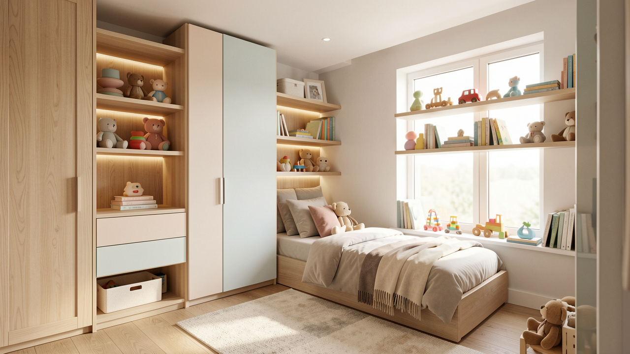 Chambre d’enfant moderne et évolutive, rangements malins et mobilier adaptable, ambiance douce et lumineuse, espace fonctionnel et bien organisé.