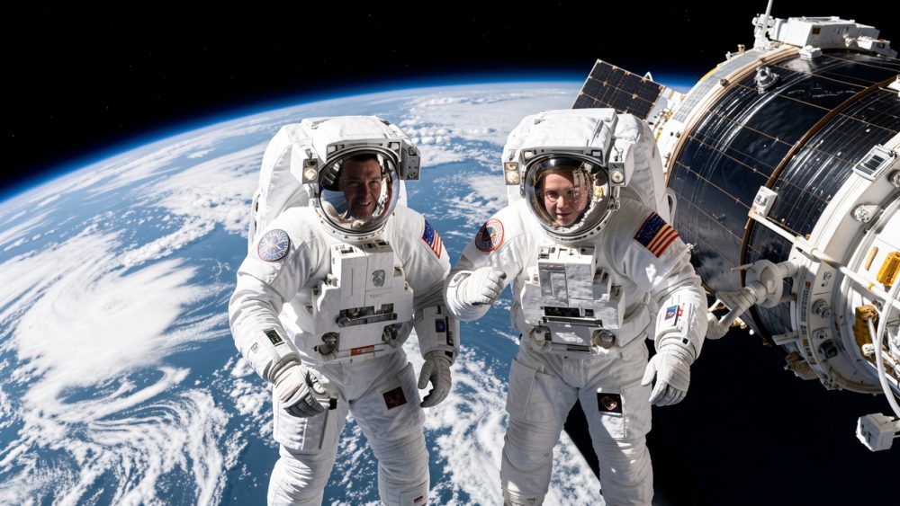 Un homme et une femme astronautes en combinaison blanche réalisent une sortie extravéhiculaire près d'une station spatiale, avec la Terre bleue en arrière-plan.