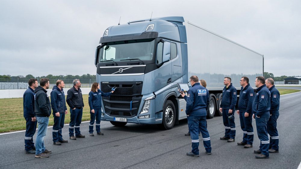 Des stagiaires adultes, hommes et femmes, réunis autour d’un camion poids lourd sur une piste de formation au transport dans le Grand Est.
