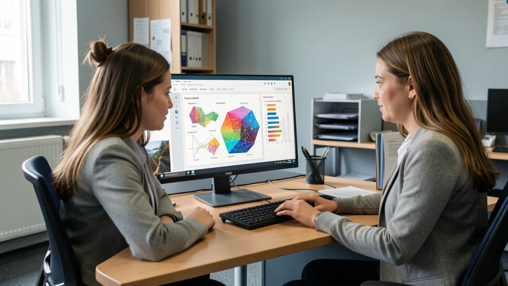 Une jeune femme demandeuse d’emploi consulte un ordinateur avec une conseillère dans un bureau sobre de service public, l’écran présentant des graphiques abstraits évoquant un diagnostic de compétences en intelligence artificielle.