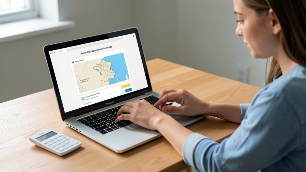 Jeune femme comparant des options de logement sur un ordinateur portable, avec une carte de France non légendée et une calculatrice posées sur un bureau.