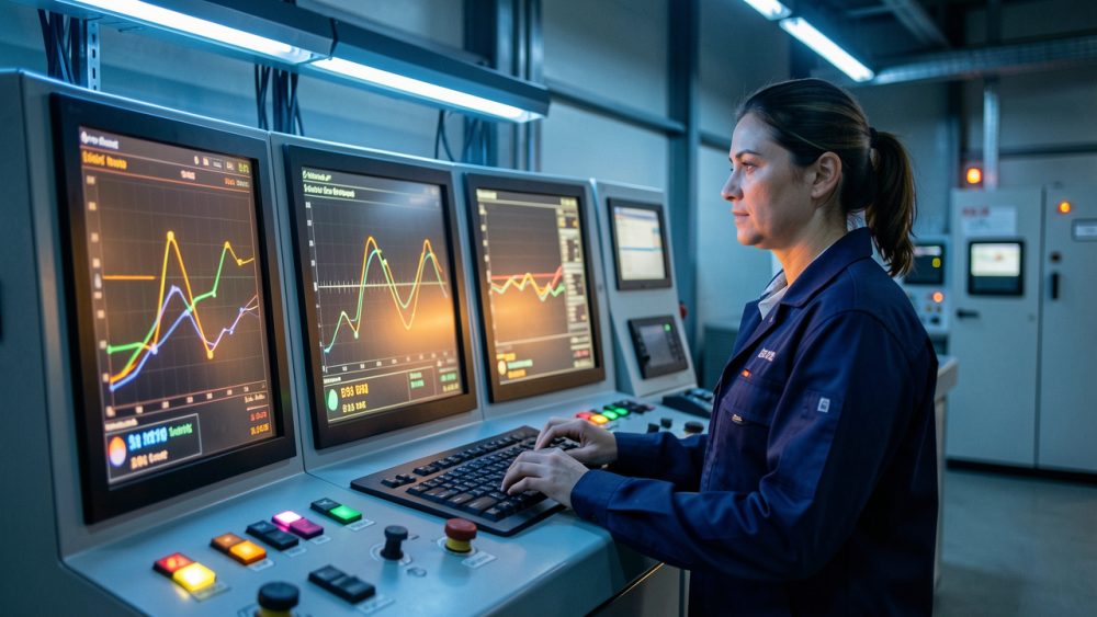 Opératrice dans la salle de contrôle d’une usine moderne, observant des écrans présentant des visualisations abstraites de données et des indicateurs de sécurité.
