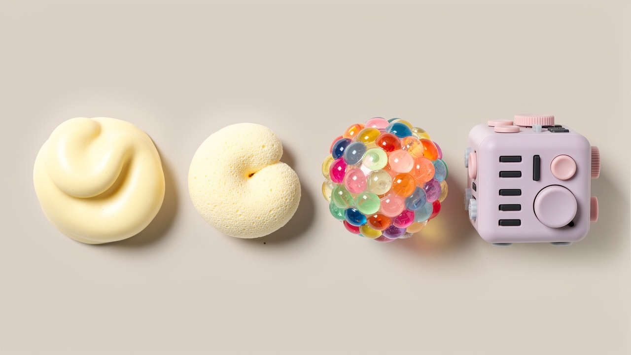Comparaison visuelle de quatre jouets sensoriels : un squishy effet beurre, un squishy en mousse à remontée lente, une balle anti-stress et un cube fidget, disposés sur un fond neutre.