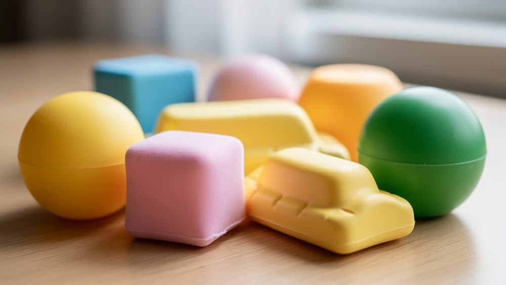 Gros plan de jouets à presser colorés, de squishies en forme de beurre et de balles antistress disposés sur une table claire dans une ambiance familiale et lumineuse.