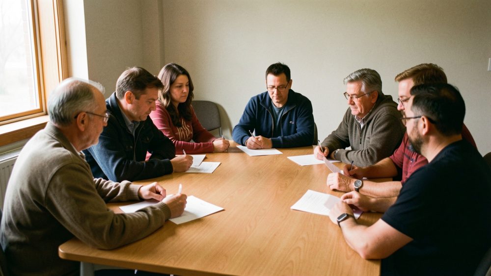 Des bénévoles et des habitants, hommes et femmes, réunis autour d’une table dans une salle municipale pour une rencontre associative locale.